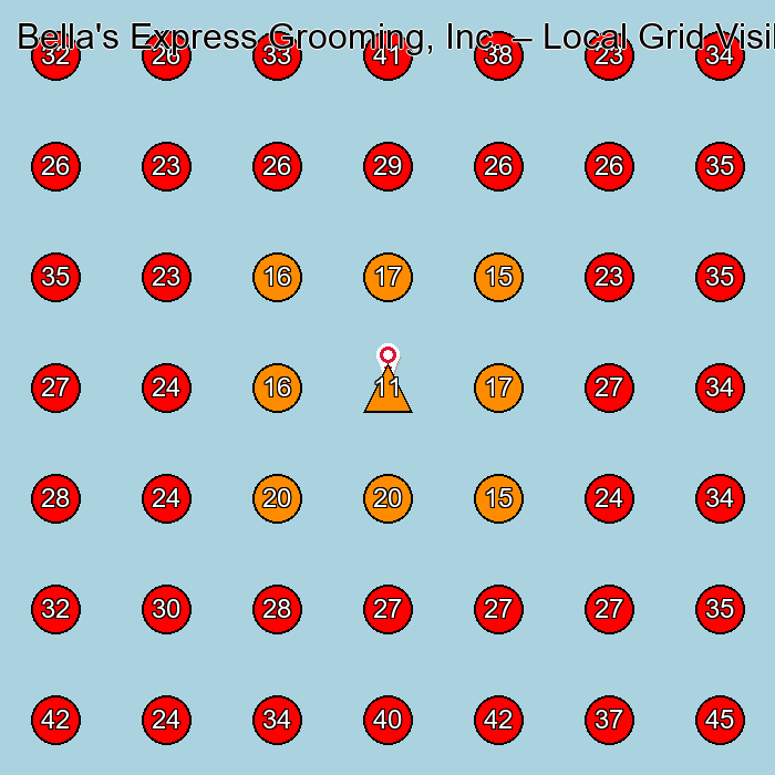Bella's Express Grooming, Inc. GeoGrid visibility map for Pet Groomer in None